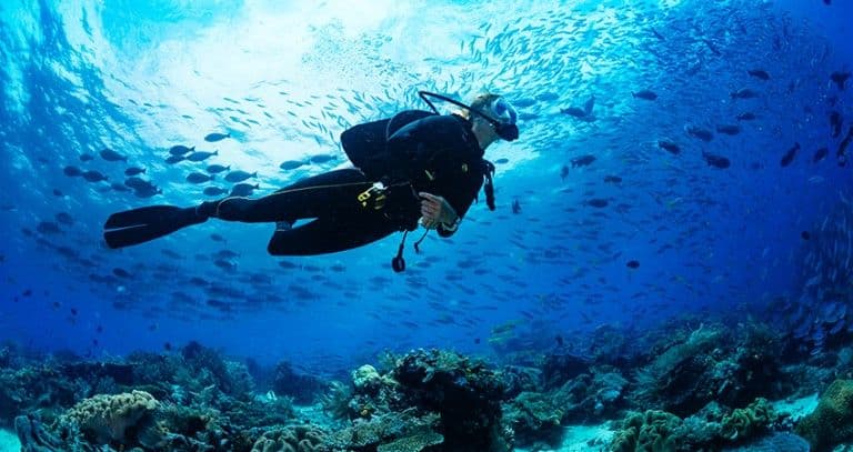 A certified diver swimming level over the reef